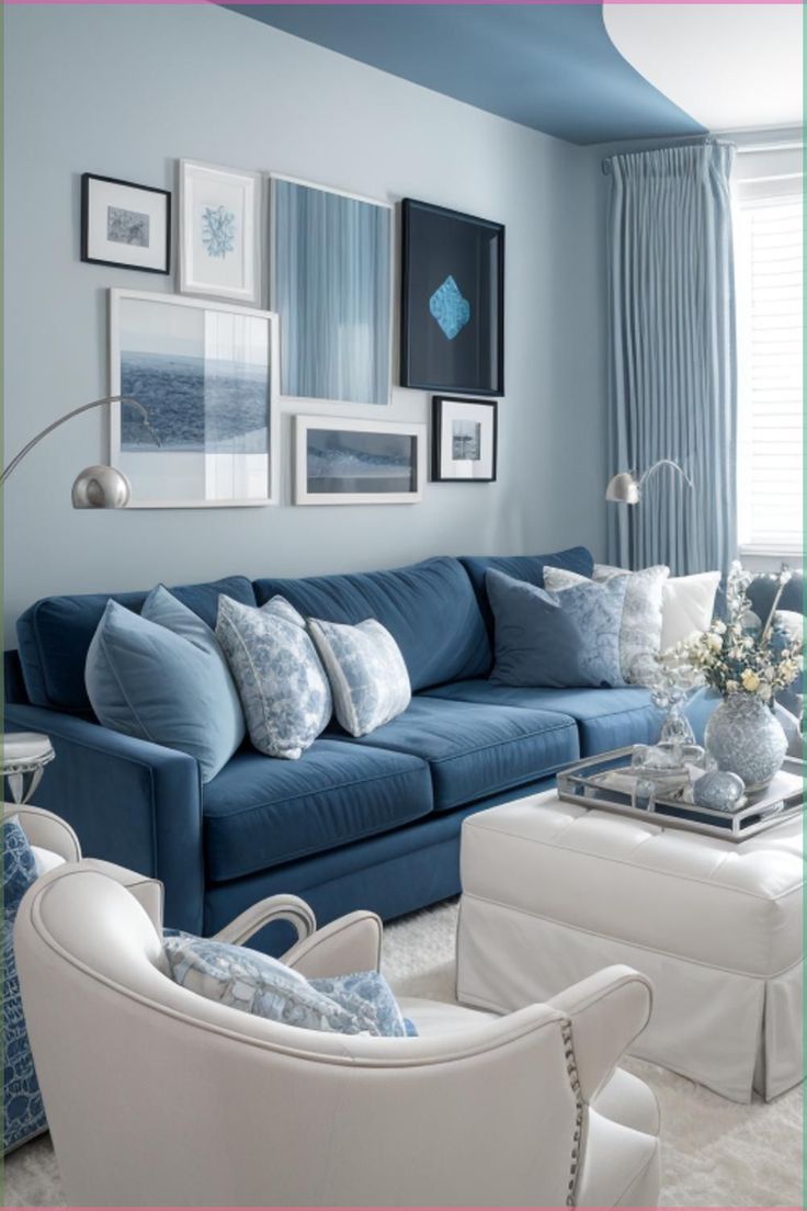 chic blue and white living room featuring a (1)